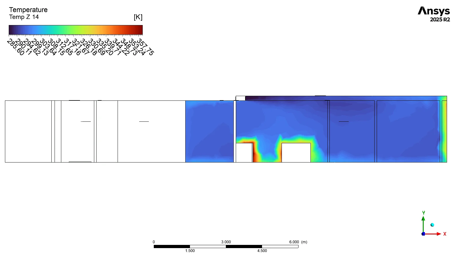 Upper-level temperature contour for the luxury apartment ac CFD study