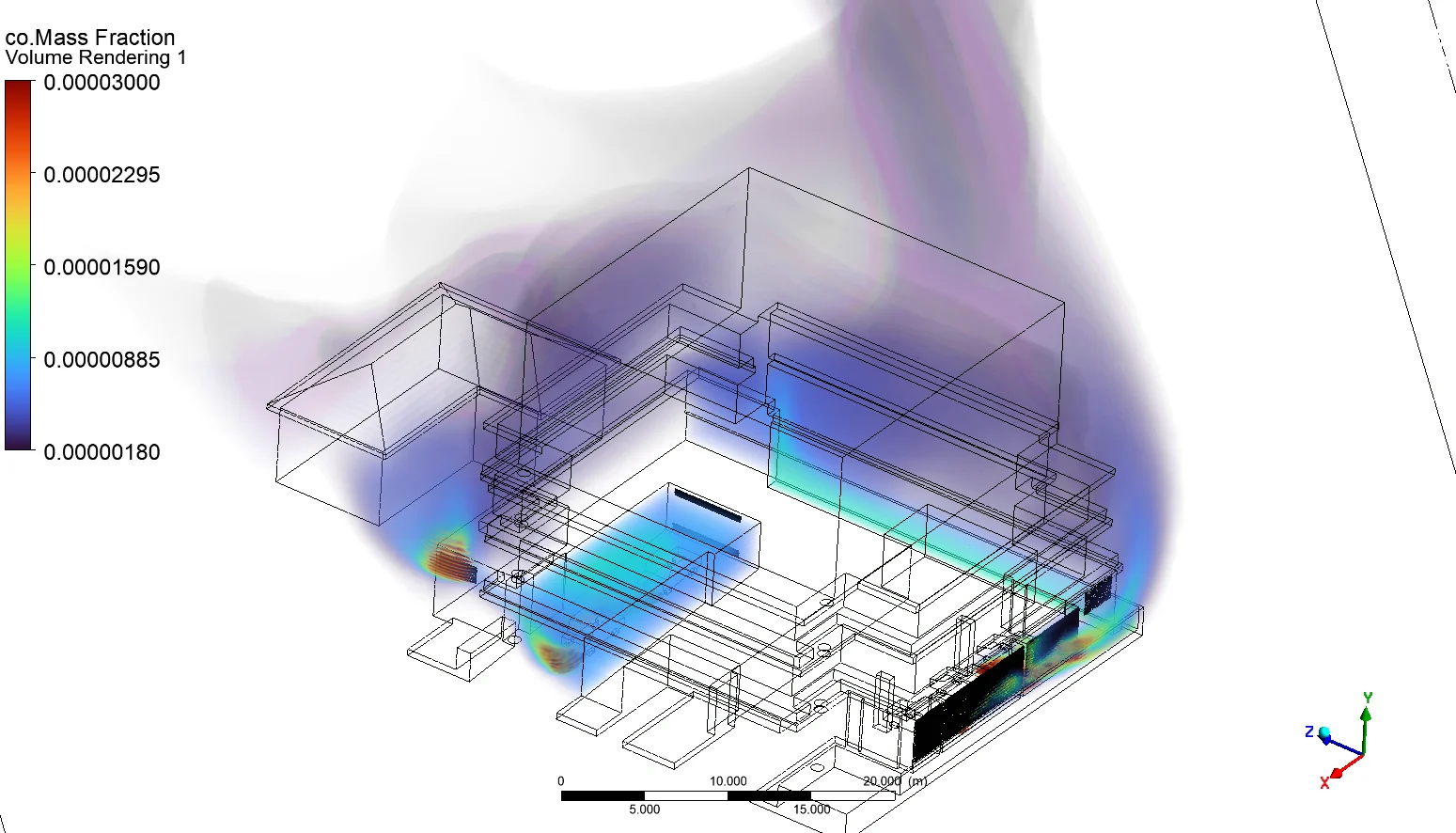 CO volume rendering under south-east wind for the madeline co CFD study