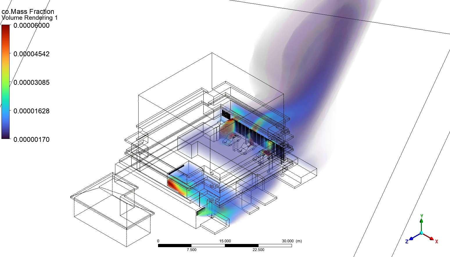 CO volume rendering under north-west wind for the madeline co CFD study
