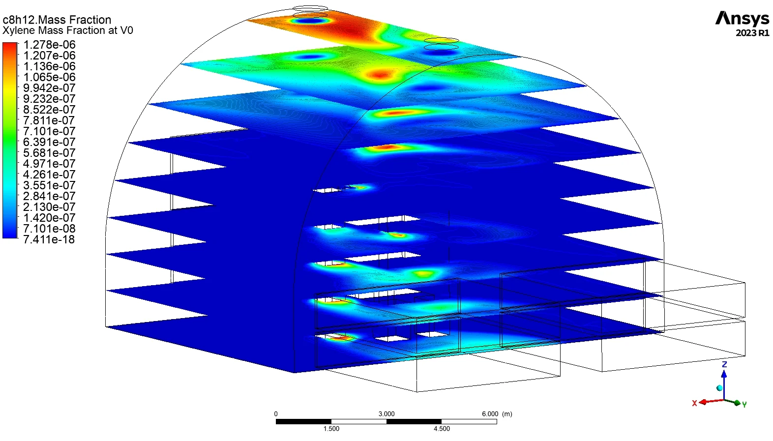 Xylene concentration volume rendering for the paint booth CFD study