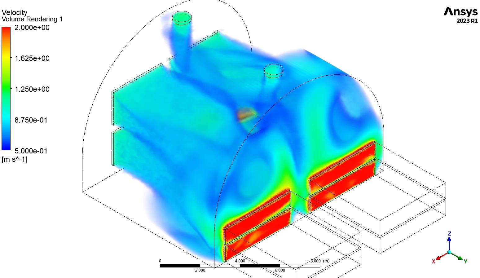 Airflow rendering from exhaust end for the paint booth CFD study