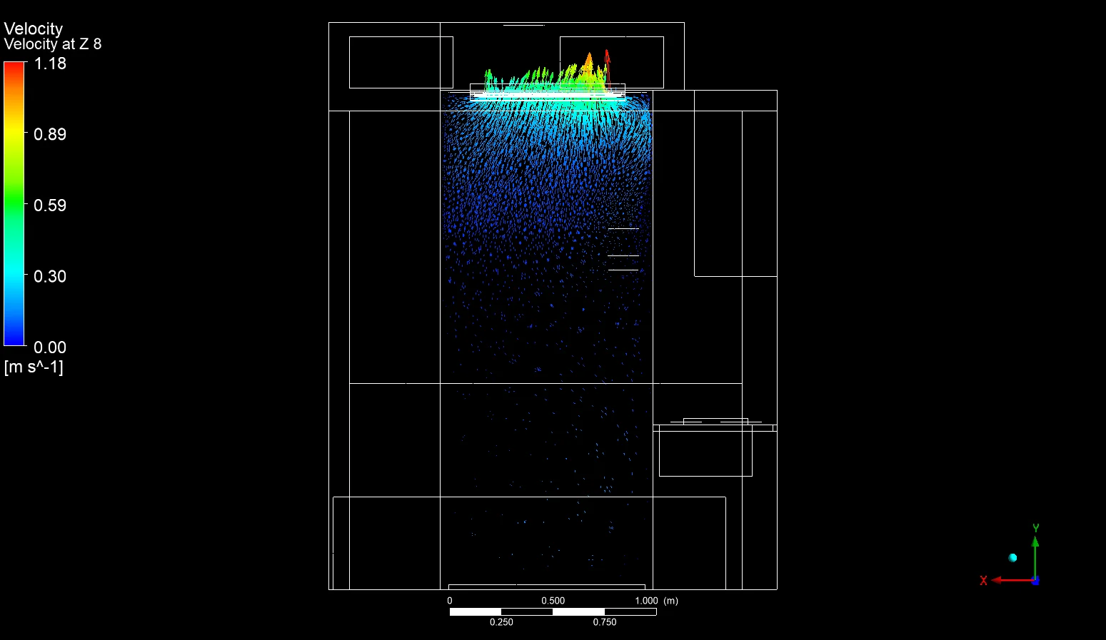 Velocity contour at occupied level for the switch apartment ac CFD study